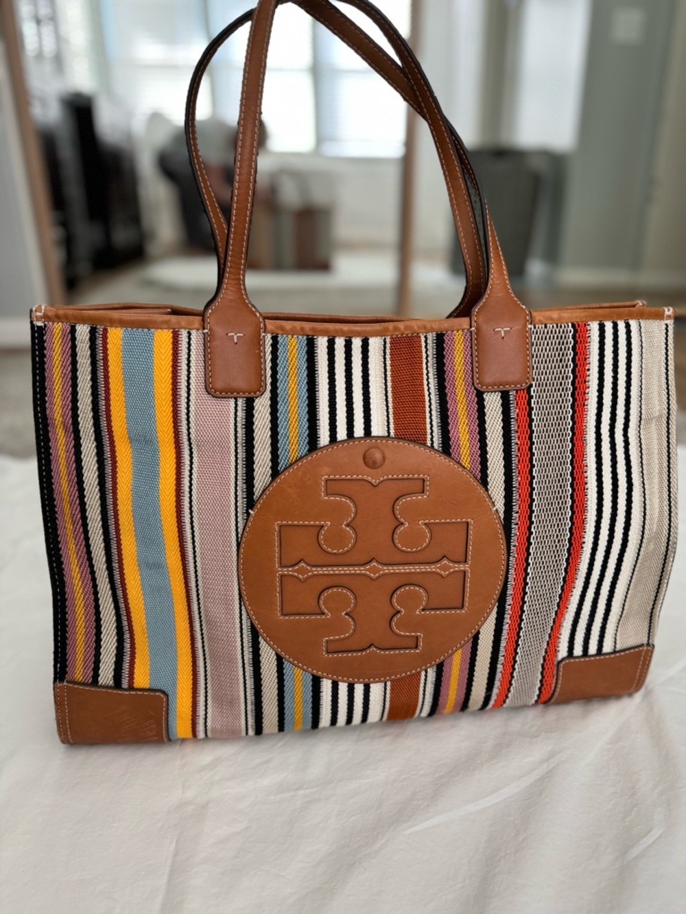 Tory Burch Multicolor Striped Webbed Ella Tote with Tan Leather